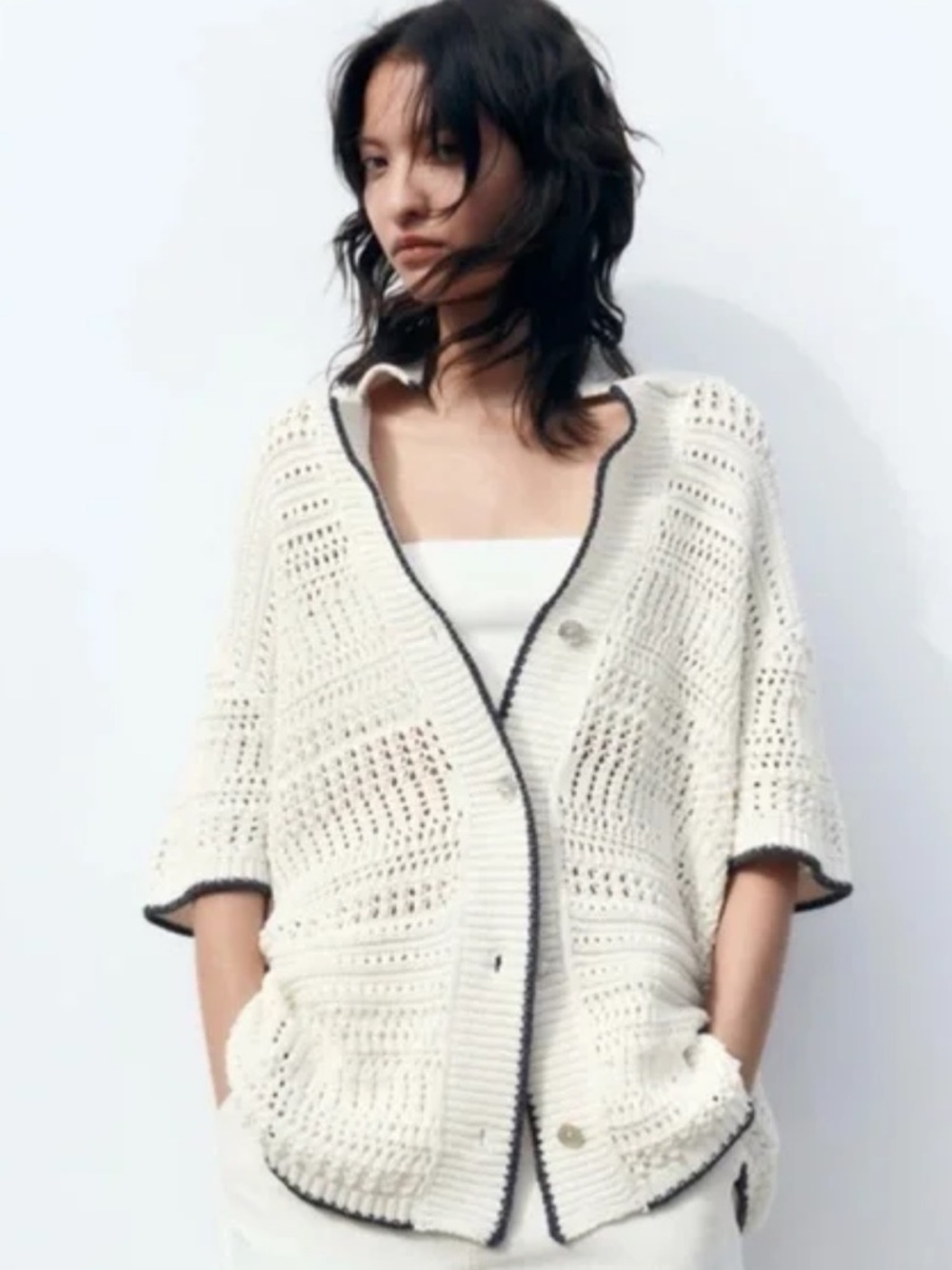 Zara knit crochet white short sleeve button down cardigan top S/M